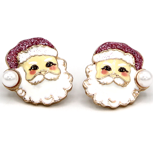 Santa Claus Glitter Hat Enamel Christmas Pink Earrings