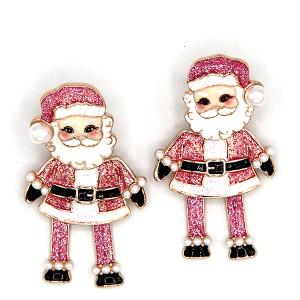 Santa Claus Glitter Enamel Dangle Christmas Pink Earrings