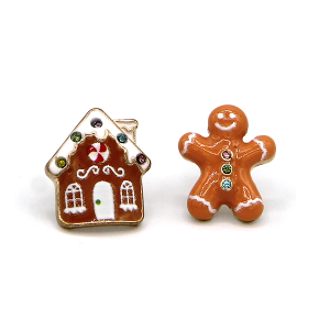 Gingerbread House Enamel Christmas Brown Gold Earrings