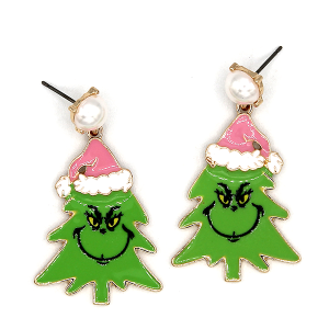 Green Monster Christmas Tree Enamel Pink Earrings