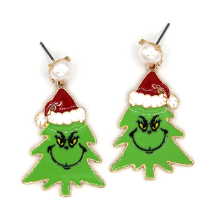 Green Monster Christmas Tree Enamel Red Earrings