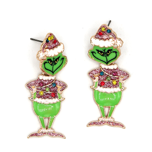 Green Monster Rhinestone Ornaments Enamel Pink Earrings
