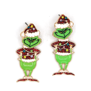 Green Monster Rhinestone Ornaments Enamel Red Earrings