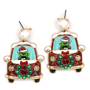 Green Monster Car Christmas Enamel Red Earrings