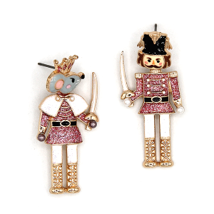Mouse King And Nutcracker Enamel Christmas Pink Earrings