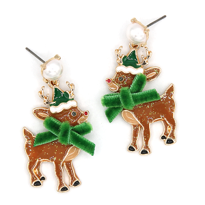 Rudolph Reindeer Ribbon Enamel Brown Green Christmas Earrings