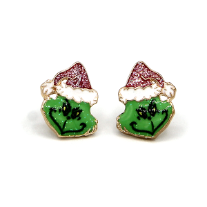 Green Monster Glitter Hat Enamel Christmas Pink Earrings