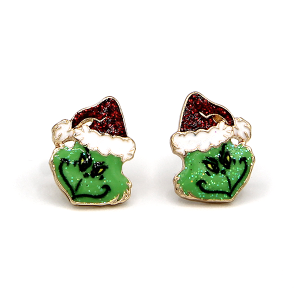 Green Monster Glitter Hat Enamel Christmas Red Earrings