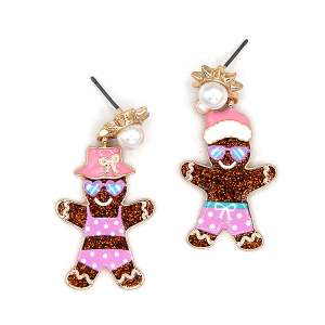 Summer Gingerbread Couple Enamel Christmas Pink Earrings