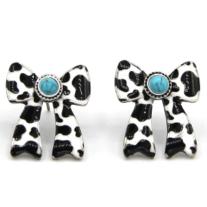 1" Bow Shape Cow Print Black Earrings