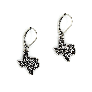 Clip On Western Etched Texas State Drop Silver Earrings