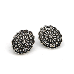 Western Pave Stone Oval Concho Silver Earrings