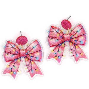 Christmas Lights Bow Pink Earrings