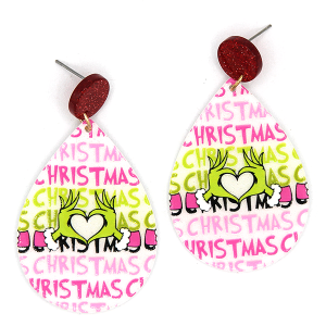 Christmas Green Monster Heart Teardrop Pink White Earrings