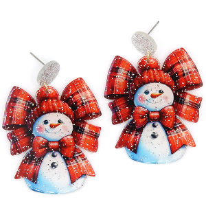 Christmas Snowman Bow Drop White Red Earrings