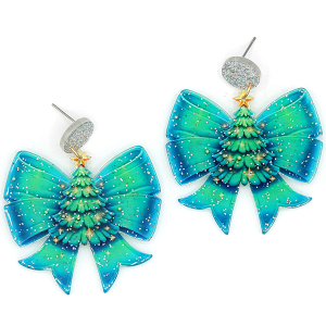Christmas Tree Bow Silver Blue Earrings