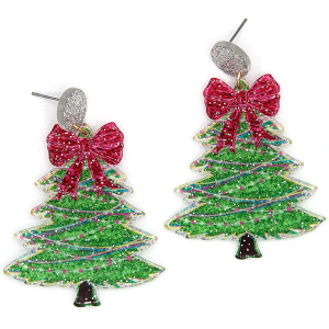 Christmas Tree Bow Drop Silver Green Earrings