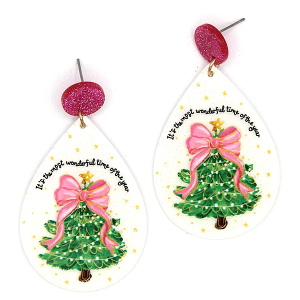 Christmas Wonderful Time Of The Year White Pink Earrings