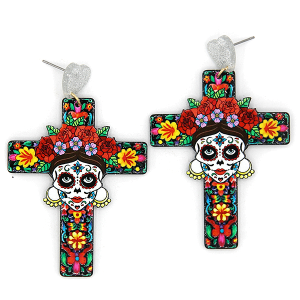Glitter Resin Sugar Skull Floral Cross Black Silver Earrings