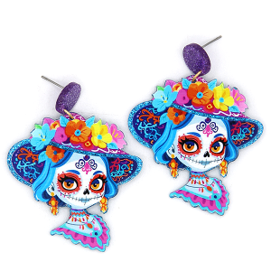 Glitter Resin Sugar Skull Girl Blue Purple Earrings