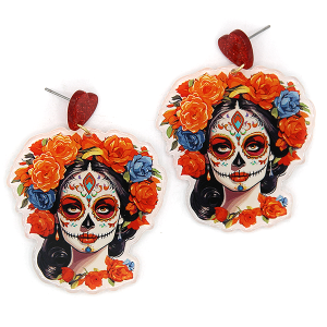 Glitter Resin Floral Sugar Skull Woman Heart Red Earrings