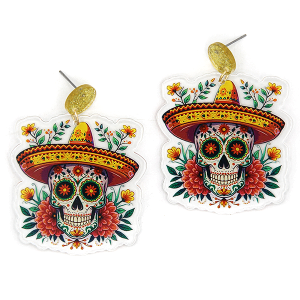 Glitter Resin Floral Sugar Skull Gold Earrings