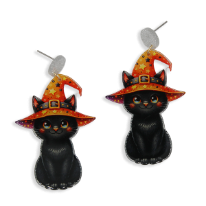 Halloween Witch Hat Black Cat Earrings