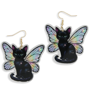 Halloween Fairy Wing Black Cat Earrings