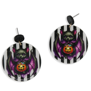 Halloween Round Striped Bat Jack-o'-Lantern Bucket Earrings