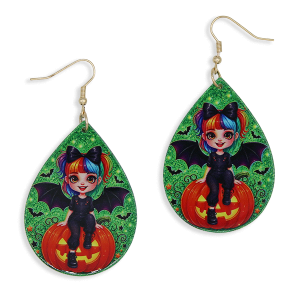Halloween Teardrop Bat Winged Girl Jack-o'-Lantern Earrings