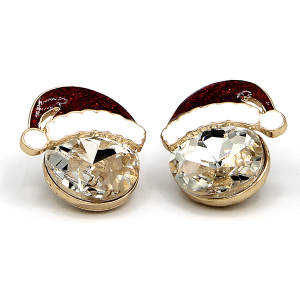 Christmas Theme Round Gem Santa Hat Clear Gold Earrings