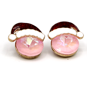 Christmas Theme Round Gem Santa Hat Pink Gold Earrings