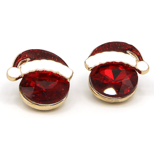 Christmas Theme Round Gem Santa Hat Red Gold Earrings