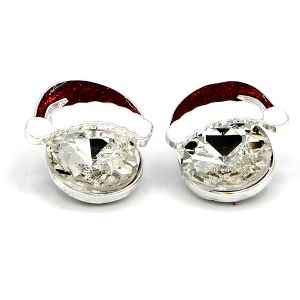 Christmas Theme Round Gem Santa Hat Clear Silver Earrings
