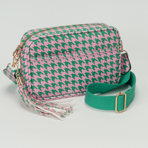 Houndstooth Pattern Camera Style Crossbody Bag Green Pink