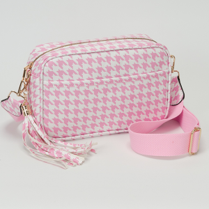 Houndstooth Pattern Camera Style Crossbody Bag Pink White