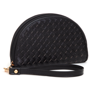 Leatherette Woven Zipper Half Moon Wallet Black