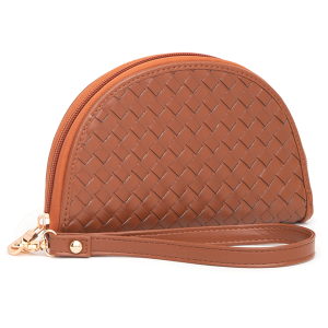 Leatherette Woven Zipper Half Moon Wallet Brown