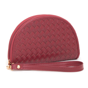 Leatherette Woven Zipper Half Moon Wallet Burgundy