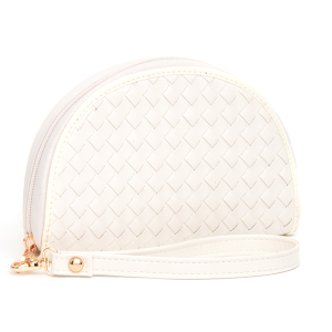 Leatherette Woven Zipper Half Moon Wallet Ivory