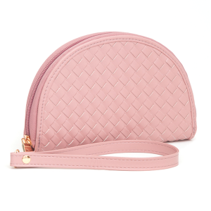 Leatherette Woven Zipper Half Moon Wallet Pink