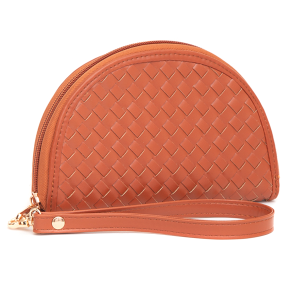 Leatherette Woven Zipper Half Moon Wallet Tan