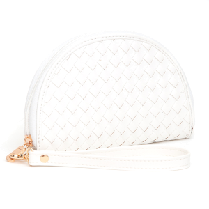 Leatherette Woven Zipper Half Moon Wallet White