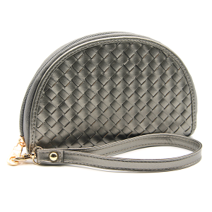 Leatherette Woven Zipper Half Moon Wallet Bronze