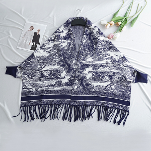 Toile Landscape Print Fringe Navy Poncho