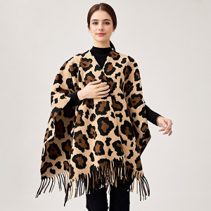 Leopard Print Fringe Mocha Poncho