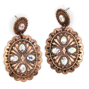 Western Oval Concho Rhinestone Drop Post Copper AB Earrings