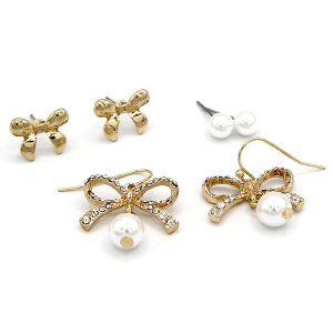 3 Set Bow Pearl Accent Gold Earrings