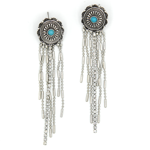 Floral Starburst Fringe Concho Turquoise Silver Earrings
