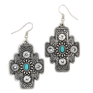 Western Aztec Concho Stone Silver Clear Earrings
